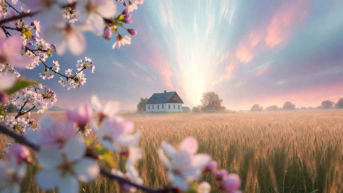 Мрійливий пейзаж Сватового, квітуча вишня, біла хата, золоте світло і радіохвилі в небі