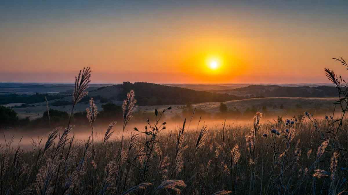 Світанок над українським степом, велике сонце сходить на горизонті