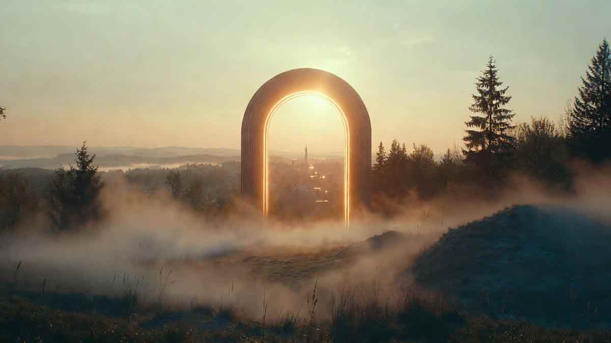 Сяюча сонячна брама, вид на ранкове Сватове, золоті промені світла, атмосфера надії