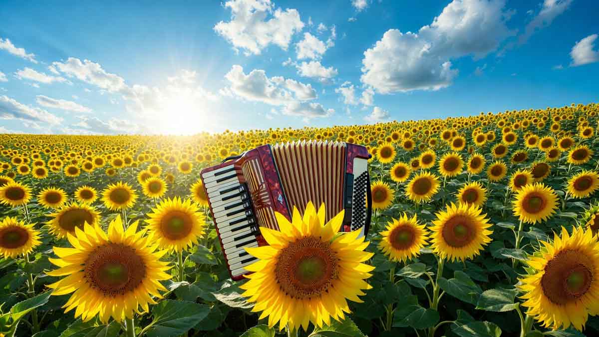 Безкрає соняшникове поле під блакитним небом, акордеон серед квітів, яскраве сонце