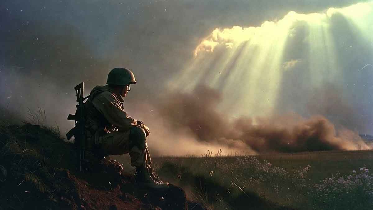 Вічний бій та мрія про мир: воїн дивиться на світанок крізь дим