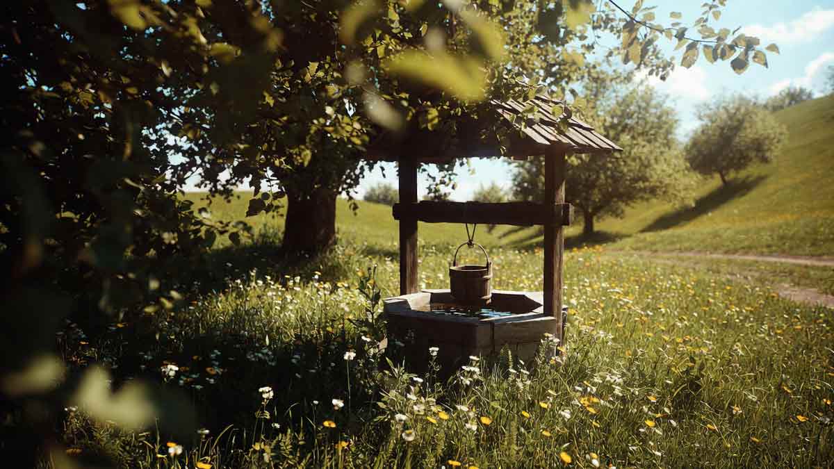 Стара дерев'яна криниця в селі Надія, літні квіти, Сватівщина
