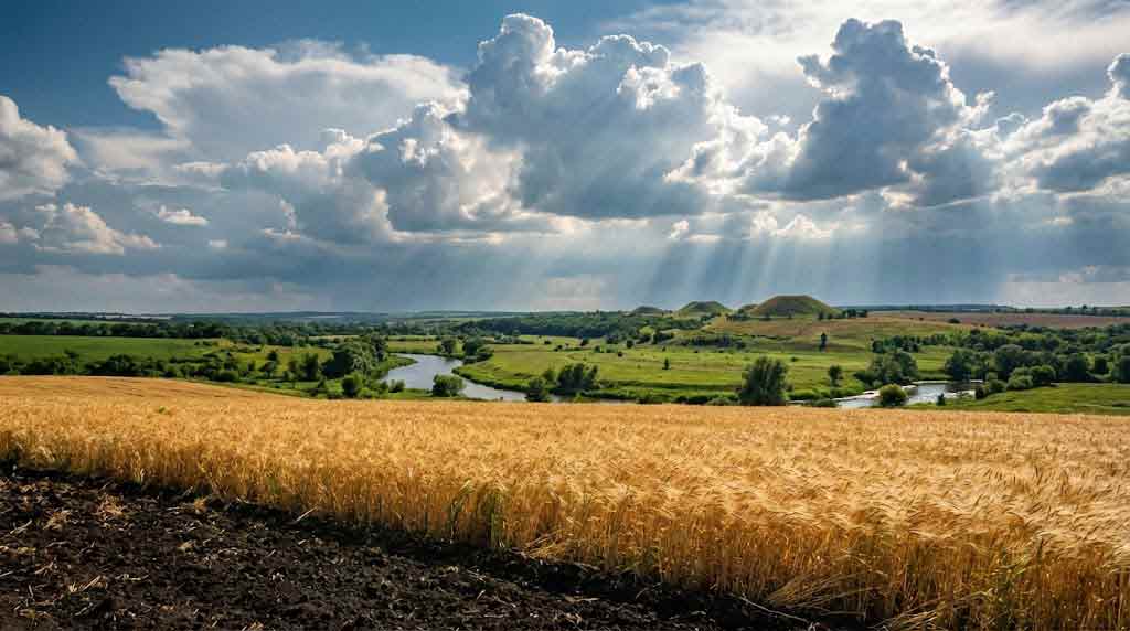 Пейзаж Сватівщини, чорнозем і пшениця, річка Красна, сонячне світло пробивається крізь хмари