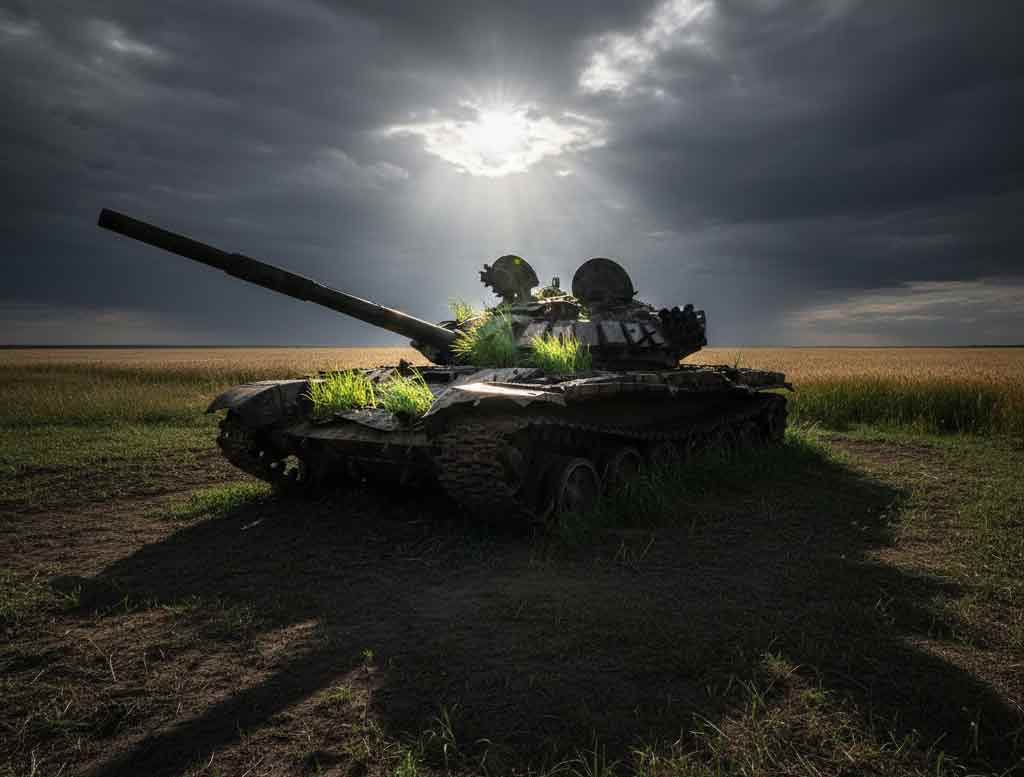 Силует танка в полі, крізь який проростає зелена трава, промінь сонця крізь хмари