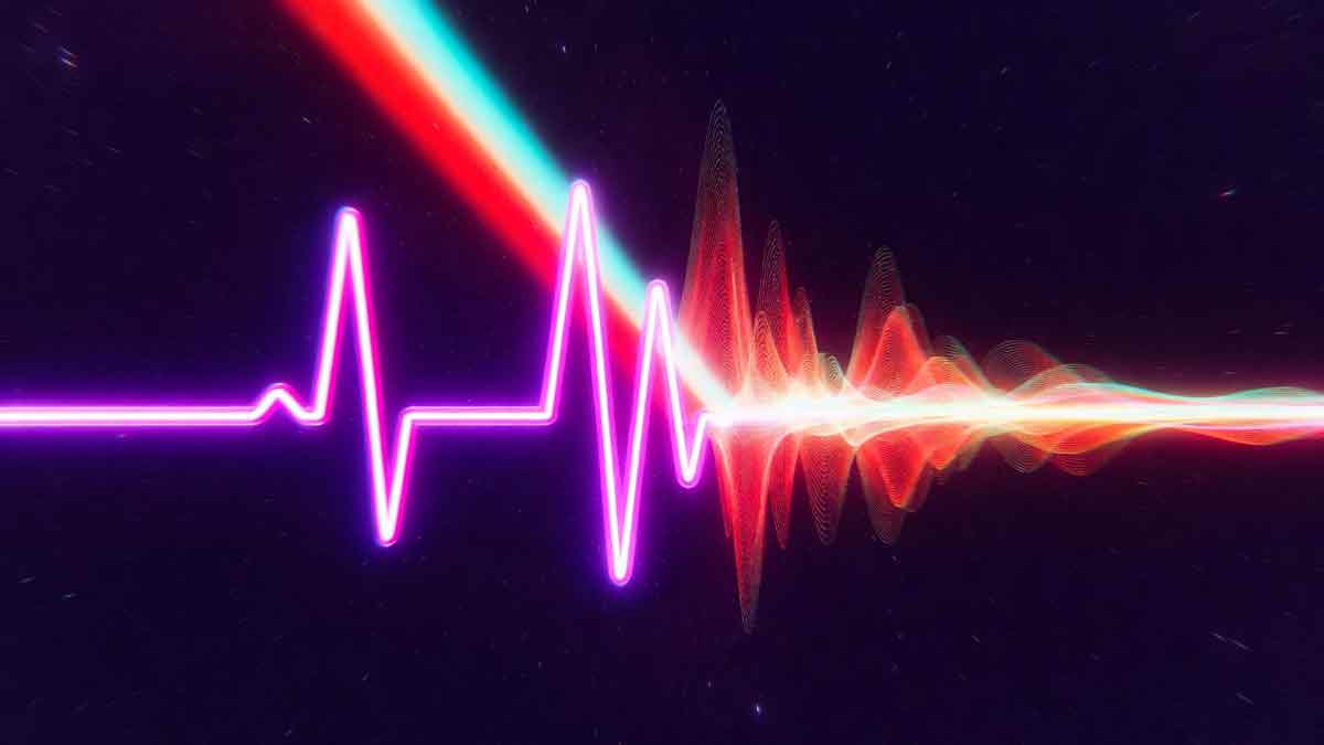 Абстрактна візуалізація пульсу, неонові серця, звукові хвилі, стиль синт-поп