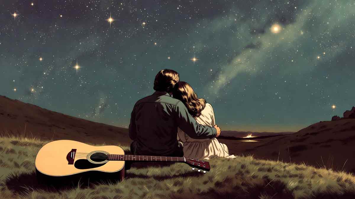 Романтичний вечір, пара під зоряним небом, гітара на траві, стиль 70-х