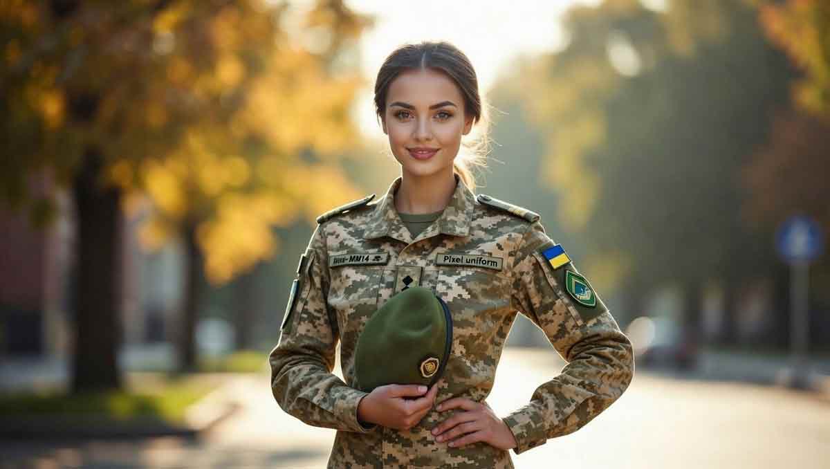 Українська жінка-військова у формі, сонячний день, погляд впевнений і добрий