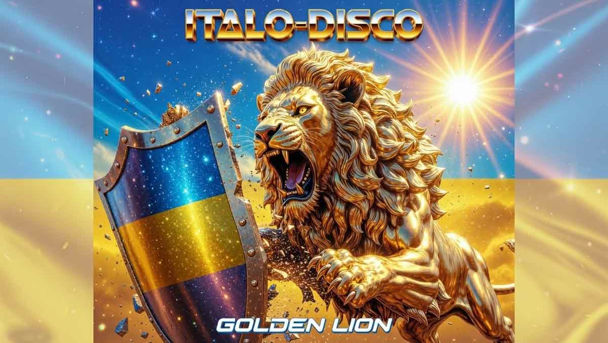 Український лев ламає іржавий щит, схід сонця в синьо-жовтих кольорах, героїчна атмосфера