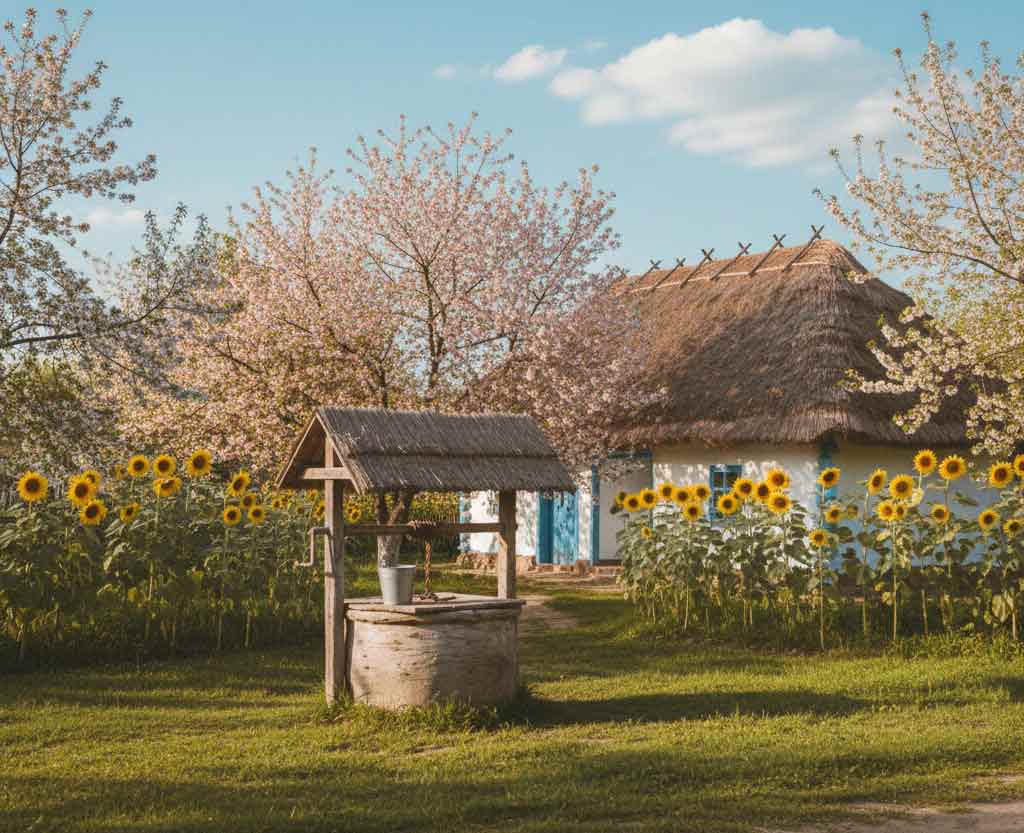Мальовниче українське село, біла хата і криниця