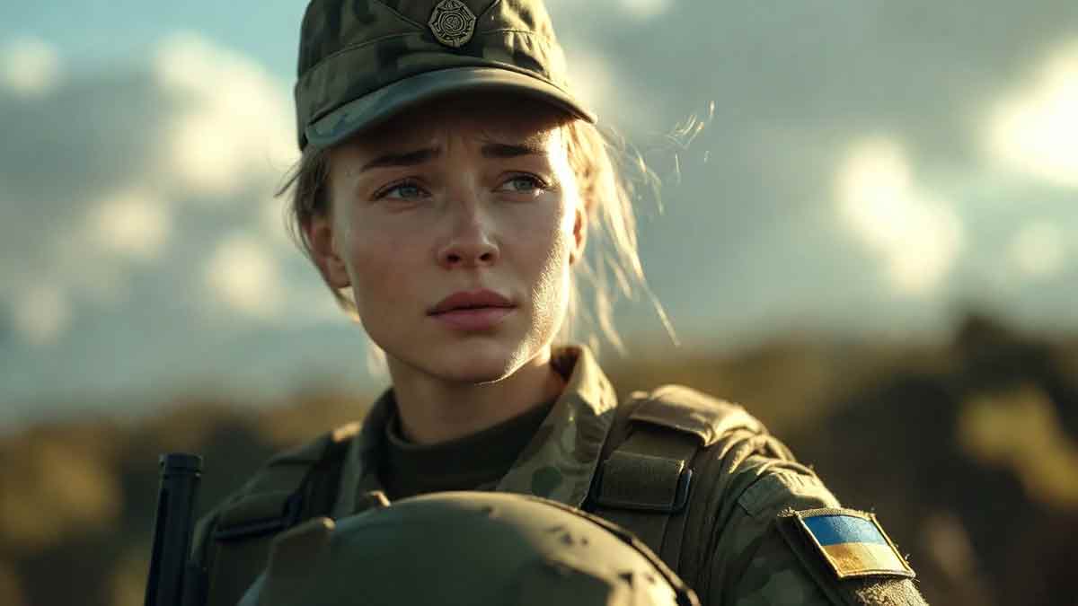 Українська жінка-військова, погляд сповнений рішучості і любові, шеврон прапора України