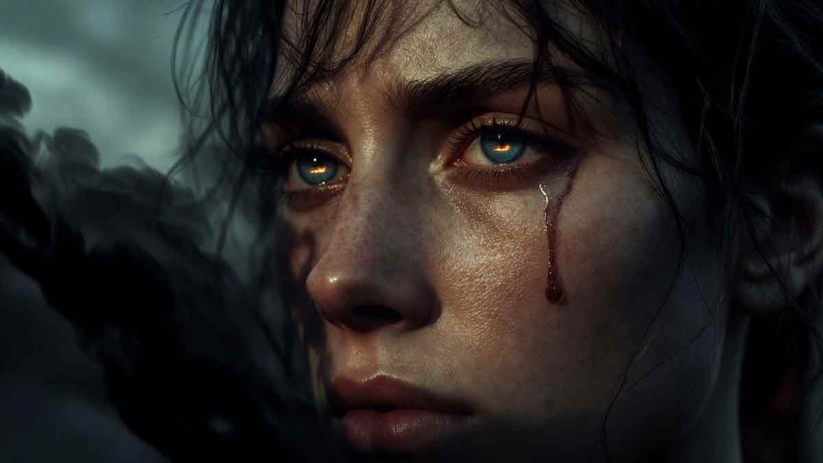 Очі української жінки з відблиском вогню і сльозою, напружений погляд