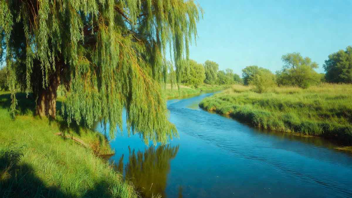 Річка Красна у Сватовому, верба схилилася над водою