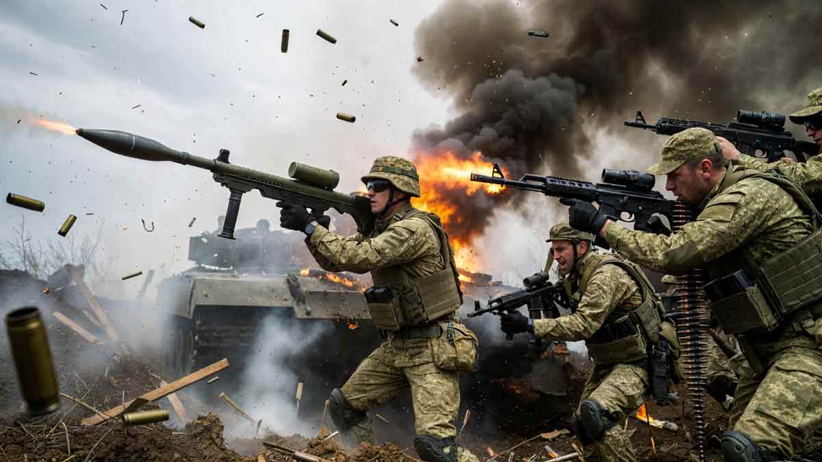 Українські військові в бою, постріл з РПГ, дим підбитого танка, гільзи в повітрі