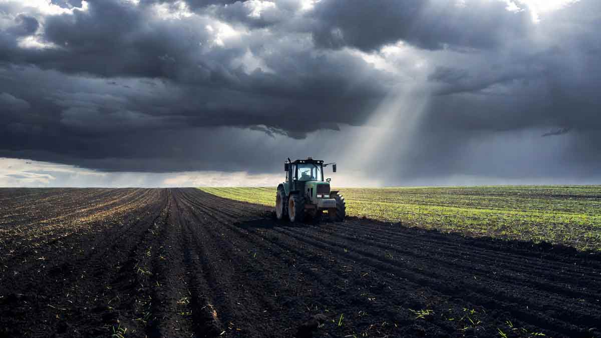 Трактор працює на українському полі, чорнозем, весняне небо з променями сонця