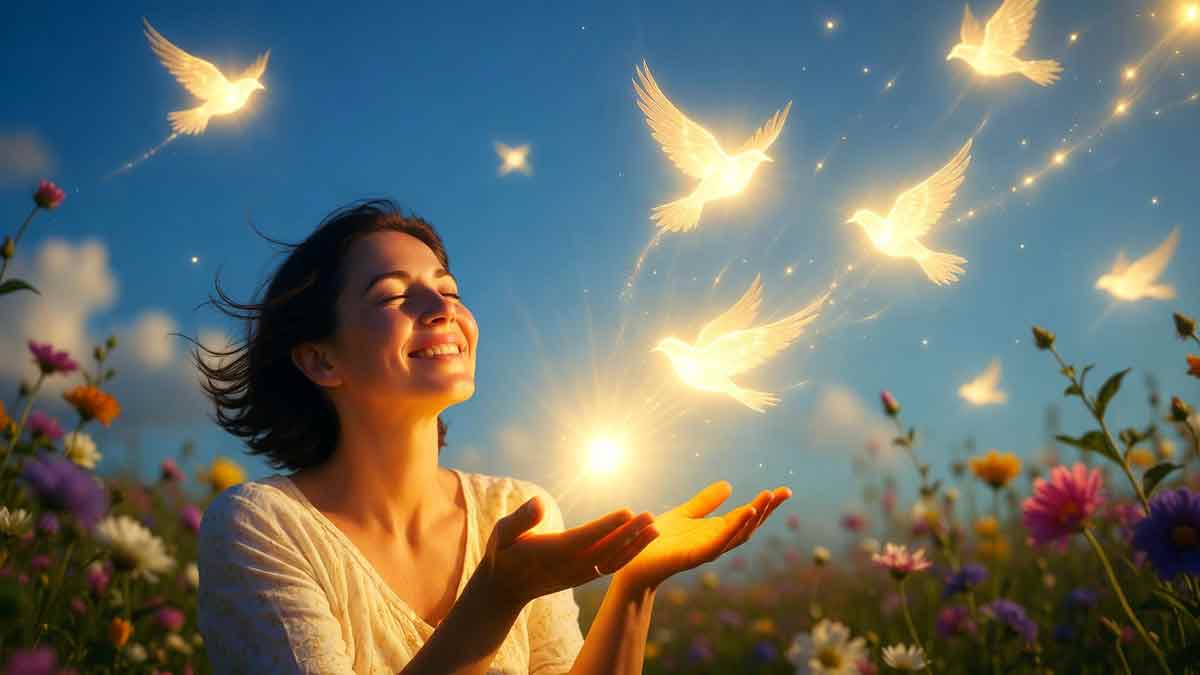 Щаслива людина випускає світло добра в небо, сонячний день, яскраві кольори