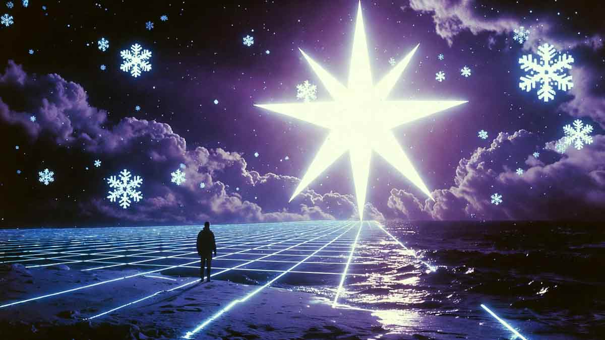 Самотній силует на фоні зимового неонового пейзажу 80-х