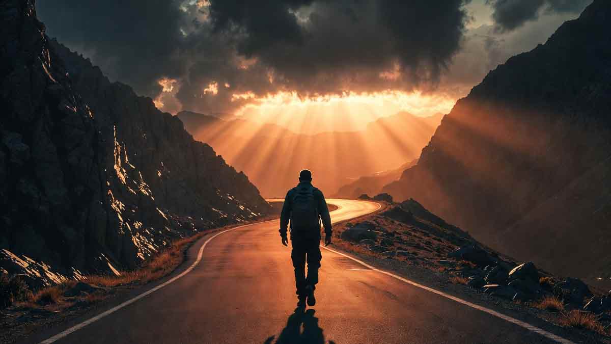 Самотня постать чоловіка на гірській дорозі, сутінки, промінь світла крізь хмари, символ пройденого шляху