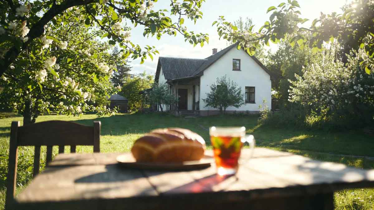 Затишна біла хата в квітучому саду, на столі хліб