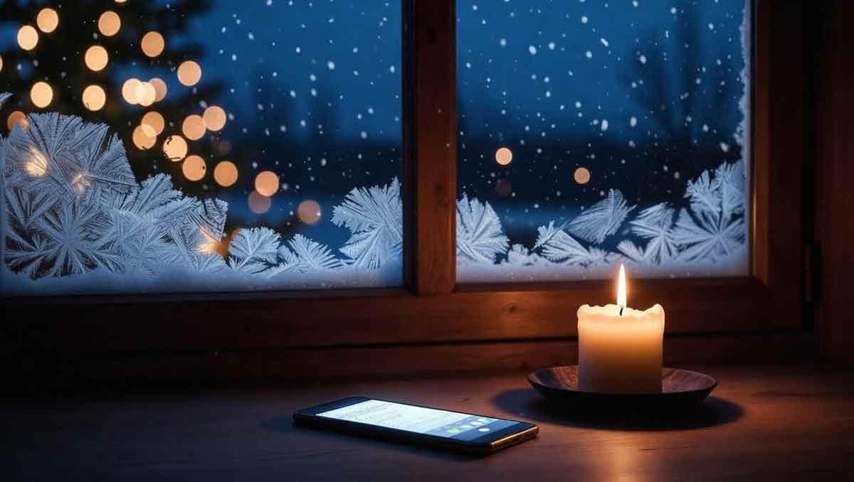 Затишна кімната, свічка на столі, телефон і сніг за вікном