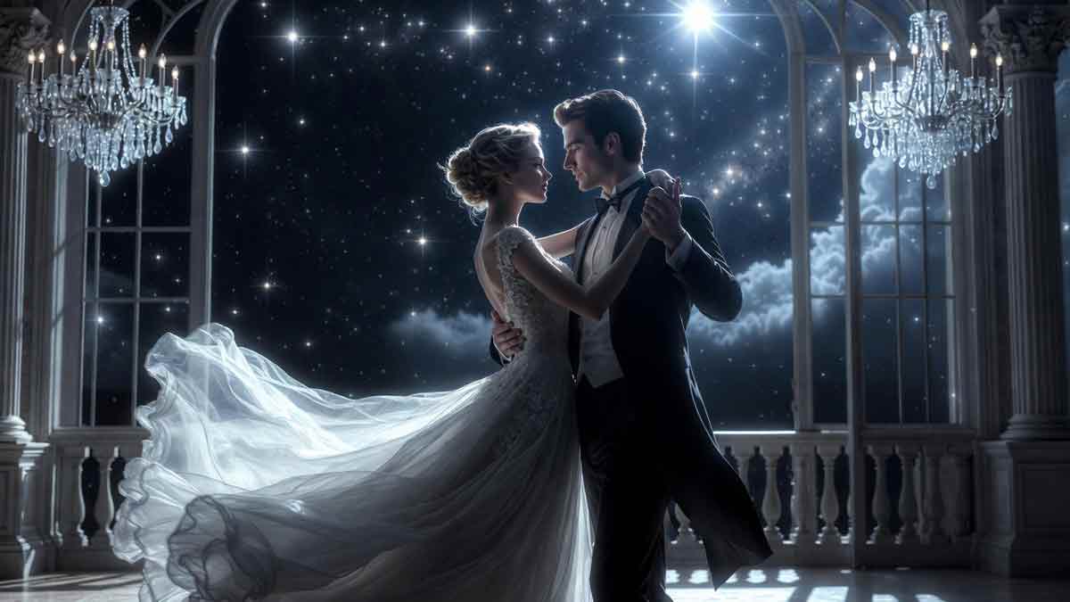 Закохана пара танцює вальс під зоряним небом, вечірні вогні, святкова атмосфера балу