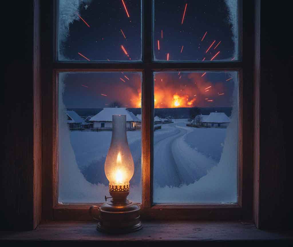 Зимова ніч, вікно з інеєм і далека заграва бою