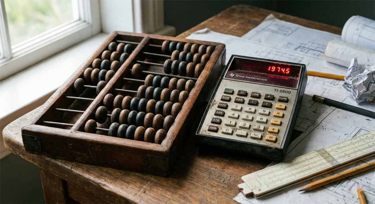 Дерев'яна рахівниця та калькулятор