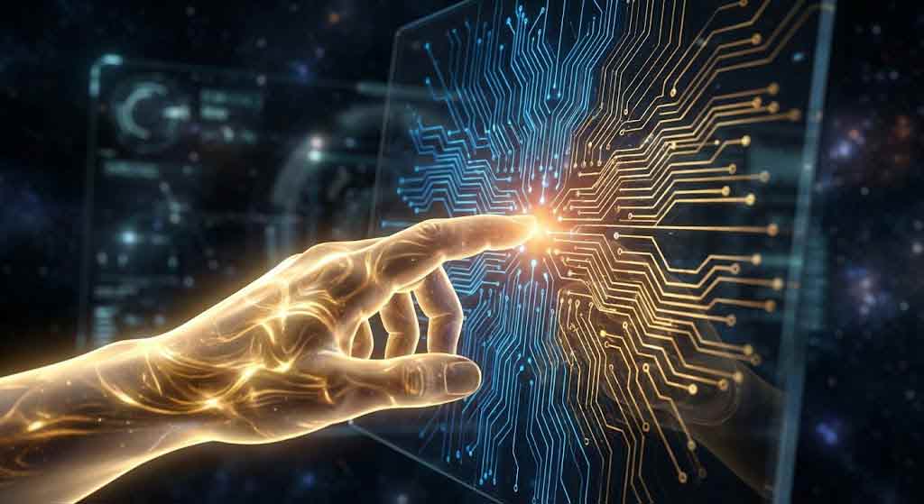 Сяюча рука торкається цифрової мережі