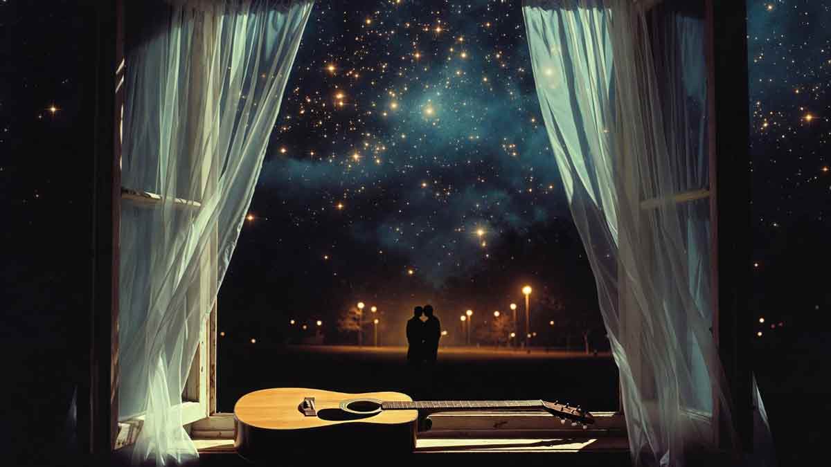 Романтичний вечір, відкрите вікно, гітара на підвіконні, зоряне небо, атмосфера 70-х