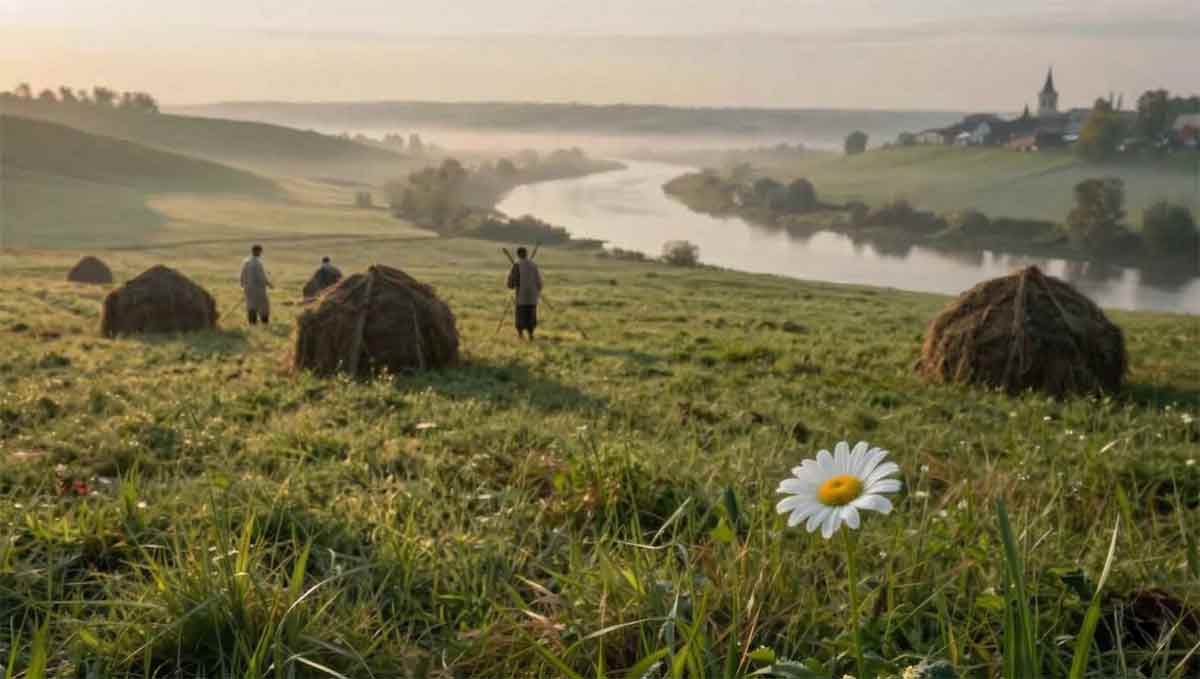 Луг з росою, квітка, косарі на лугу, християнська пісня вальс