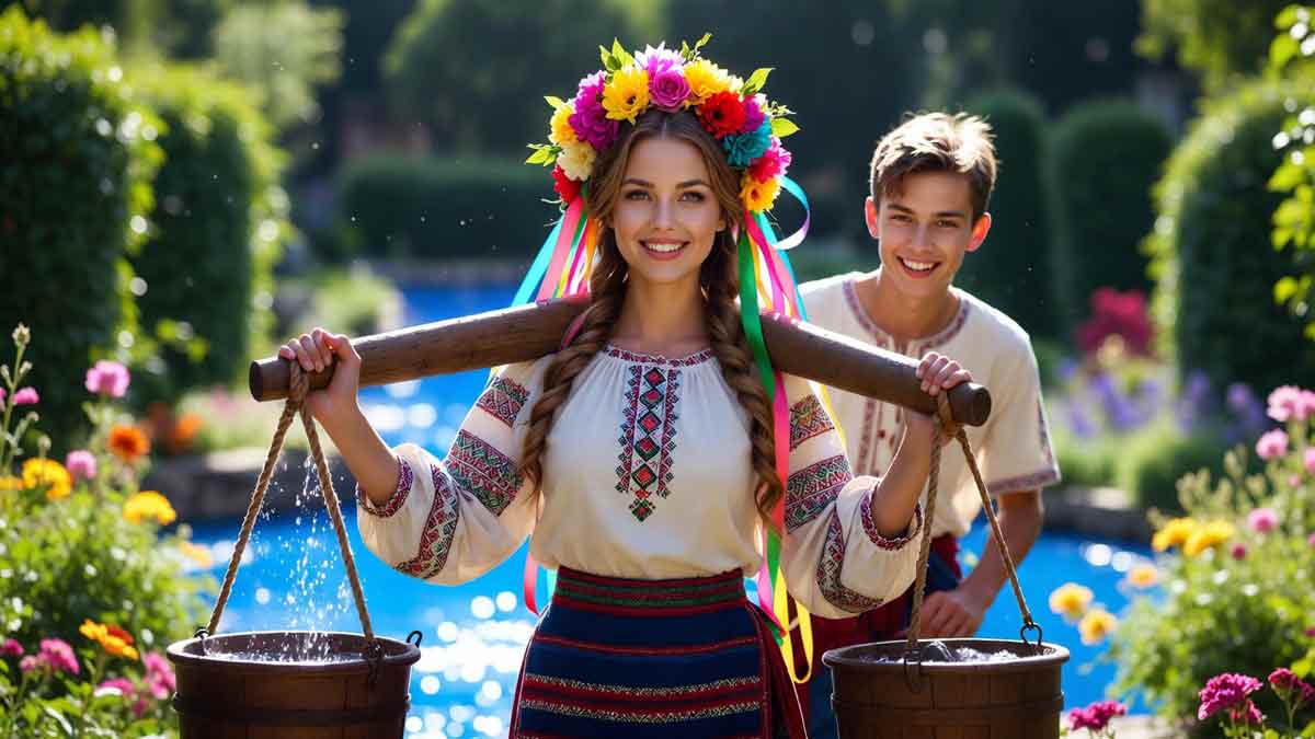 Галя з коромислом біля річки, Іванко в'ється як барвінок, яскравий український пейзаж