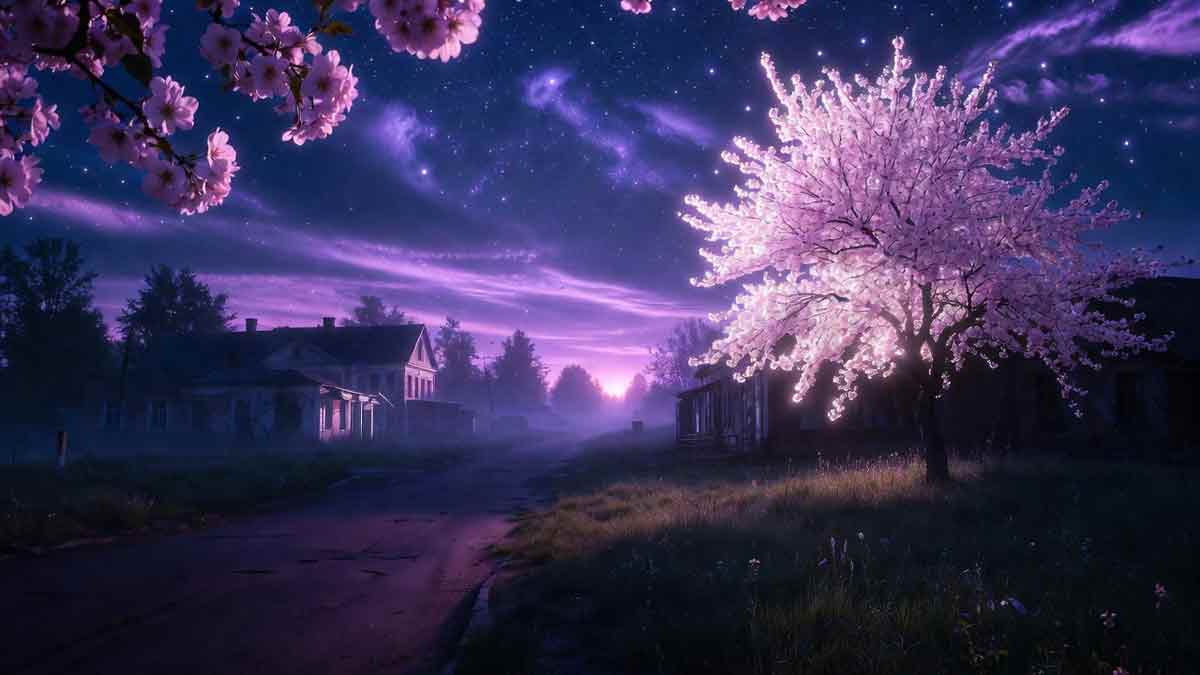 Вечірній Райгородськ, заросла вулиця, силуети будинків, сяюча квітуча вишня на передньому плані