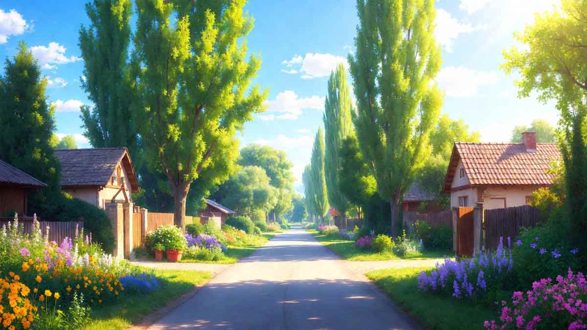 Сонячна вулиця в Райгородську, затишні хати, зелені дерева, атмосфера рідного дому