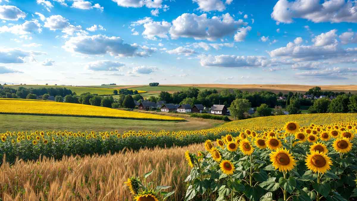 Панорама Сватівського району, соняшникові поля, блакитне небо, затишні хати в долині