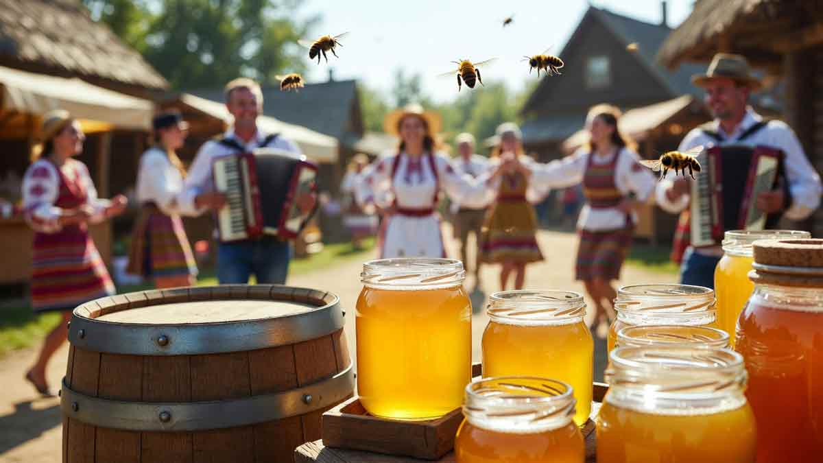 Сватівський ярмарок, діжки з медом, веселі люди у вишиванках, сонячний день